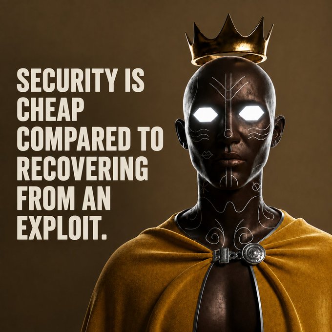 A digital artwork of a dark-skinned, bald figure wearing a gold crown, a yellow cape, and a medallion, with glowing white eyes and white markings on their face, accompanied by the text 'SECURITY IS CHEAP COMPARED TO RECOVERING FROM AN EXPLOIT.'
