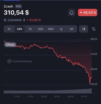 A CoinMarketCap chart for Zcash (Zcash #19) shows a steep decline from $569.60 to $310.54, with a -45.43% drop highlighted in the top right corner. The accompanying post suggests this severe sell-off, despite stemming from a critical Orchard vulnerability that could have enabled undetectable counterfeit ZEC, may ironically represent a generational buying opportunity at lower prices.
