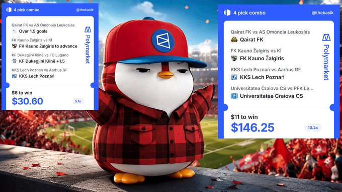 A promotional image featuring a penguin character in a red plaid shirt and cap, surrounded by two '4 pick combo' betting slips from @thekask with potential winnings of $30.60 and $146.25.