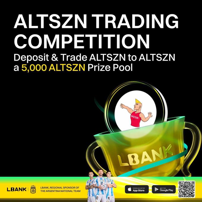 "Altszorn Trading Competition" is featured with a yellow background, where an advertisement for a contest can be seen. The competition is set to take place during the winter season and includes a deposit of 5,000 ALTSZN as well as trading AI to AlTSZN in order to trade AlTSZN on the LBank exchange at its local bank. There are three men displayed next to the cup that's on display, and an app is shown with a camera app, which can help track the game progress or win the competition.