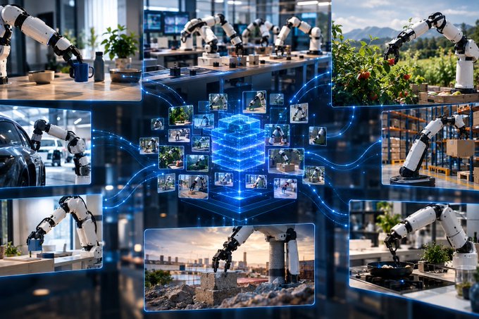 A digital collage depicting various robotic arms performing different tasks (planting, manufacturing, harvesting, construction) connected by blue glowing digital lines to a central data hub.