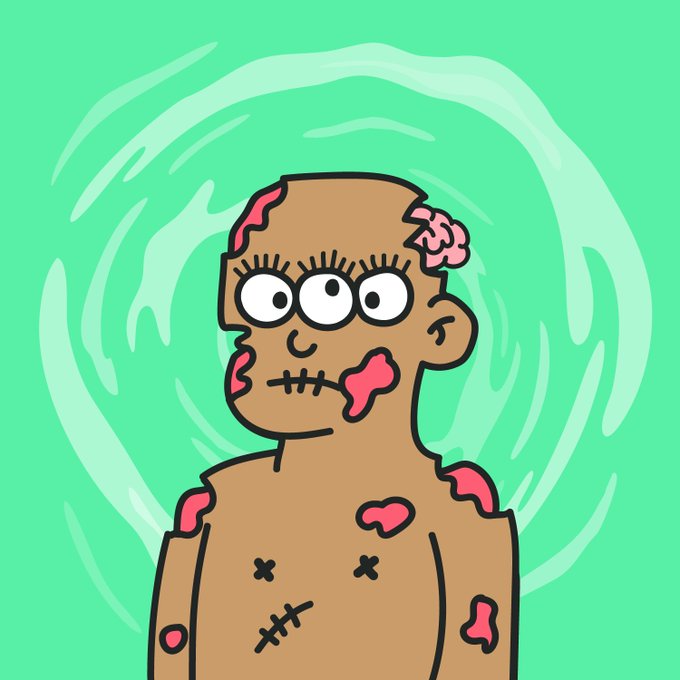 A cartoon-style illustration depicts a zombie-like figure with three eyes, a stitched mouth, exposed brain, and pink patches/wounds across its brown body, set against a mint green background with a circular swirl pattern. The image's grotesque "ugly" aesthetic aligns with the post celebrating a 1/1 NFT artwork that was quickly sniped and purchased for 0.0795 ETH.