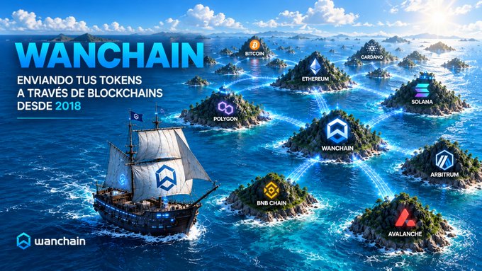 A promotional graphic for WANCHAIN features a pirate ship sailing on an ocean connecting islands labeled with various blockchain logos, including Bitcoin, Ethereum, Cardano, Solana, Polygon, BNB Chain, Arbitrum, and Avalanche, with the text 'ENVIANDO TUS TOKENS A TRAVÉS DE BLOCKCHAINS DESDE 2018'.