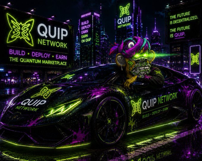 A vibrant, neon-colored digital illustration of a cyberpunk city street featuring a sleek sports car with a zombie-like character driving, covered in 'QUIP NETWORK - BUILD DEPLOY EARN' branding and text 'THE FUTURE IS DECENTRALIZED. THE FUTURE IS QUIP.'