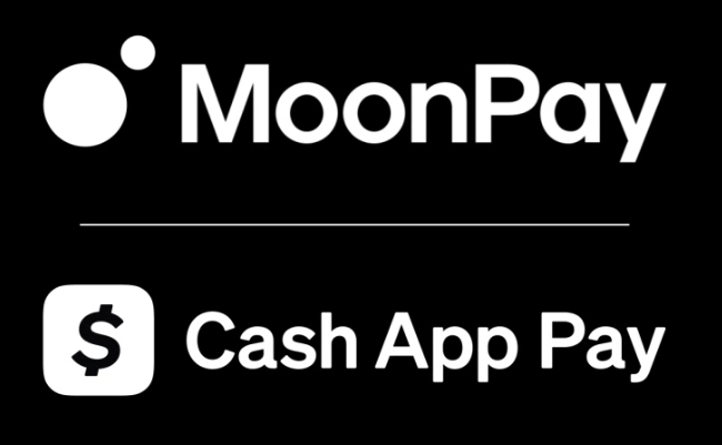 The image displays the MoonPay logo paired with the "Cash App Pay" logo separated by a horizontal line, visually representing the new payment integration partnership. This graphic illustrates how MoonPay's integration of Cash App Pay creates a direct on-ramp for Cash App's 59 million users to access the Solana ecosystem.