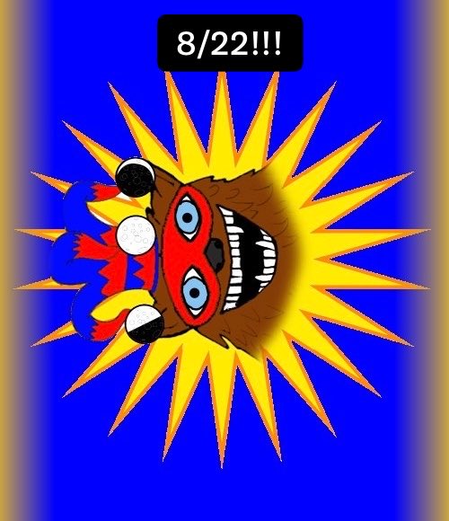 A cartoon character with a red mask, black nose, and wide grinning teeth is set against a yellow sunburst pattern on a blue background, with a black speech bubble at the top displaying "8/22!!!" — matching the post's decode where "8" represents the mask and "22" represents the sun's rays.