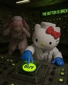 The image shows a person in a pink costume reacting in shock behind a Hello Kitty character dressed as a scientist pressing a large green "BUY" button in a dark control room, with a screen reading "THE BUTTON IS BACK." The surreal "buy button" scene perfectly captures the meme's energy of an irresistible, chaotic urge to purchase, fitting the post's excitement about accumulating the $buy meme.