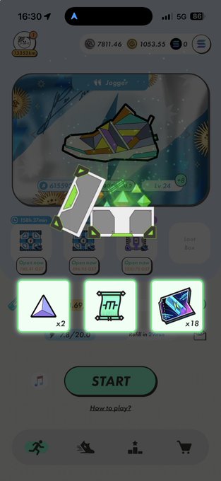 A mobile game screenshot titled 'Jogger' displays a sneaker NFT at level 24 with various upgrade icons and a green 'START' button at the bottom.