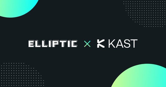 The image features a logo for a company called Elliptic, which is known for its work with Bitcoin and cryptocurrency. The logo includes two green circles that are slightly overlapping each other, along with the text "Elliptic" written above them in white letters. Below this, there's another line of text that reads "KAST", indicating that the company is collaborating with KAST to provide stablecoin payments globally.