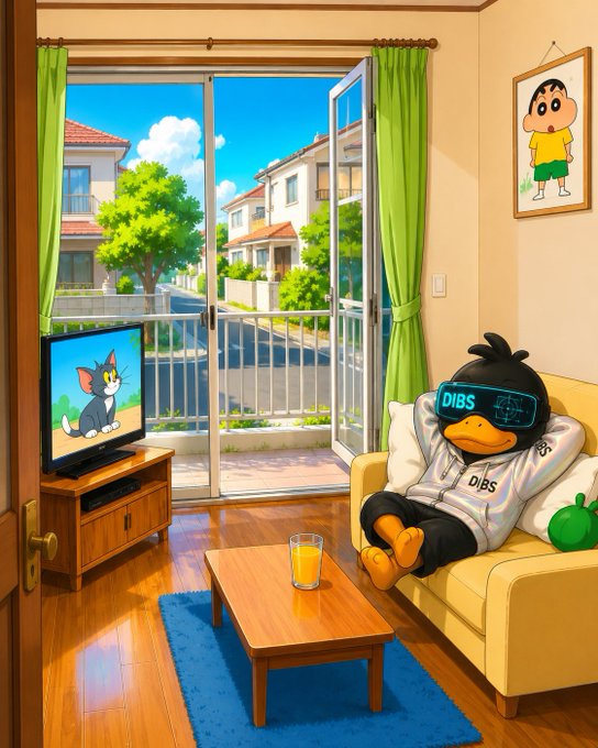 An anime-style illustration of a room where a character wearing a hoodie and a 'DIBS' VR headset sits on a yellow couch watching TV, with a crayon Shin-chan portrait hanging on the wall.