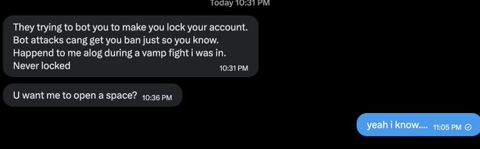A dark-mode chat message screenshot from 1:05 PM reading 'yeah i know...' in response to a previous message about bot attacks and account locking during a vampire fight.