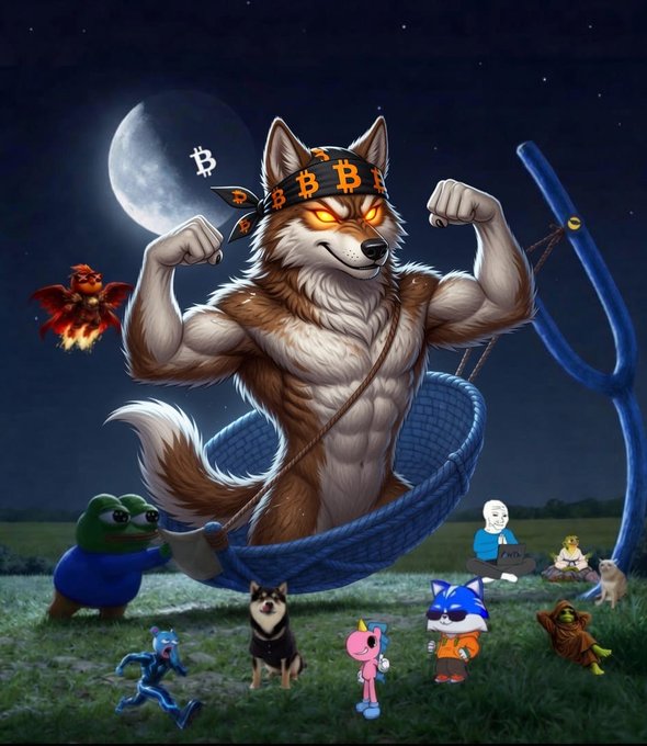 A digital illustration of a muscular anthropomorphic dog wearing a Bitcoin bandana, surrounded by various meme characters including Pepe, Sonic, and others under a moonlit sky.