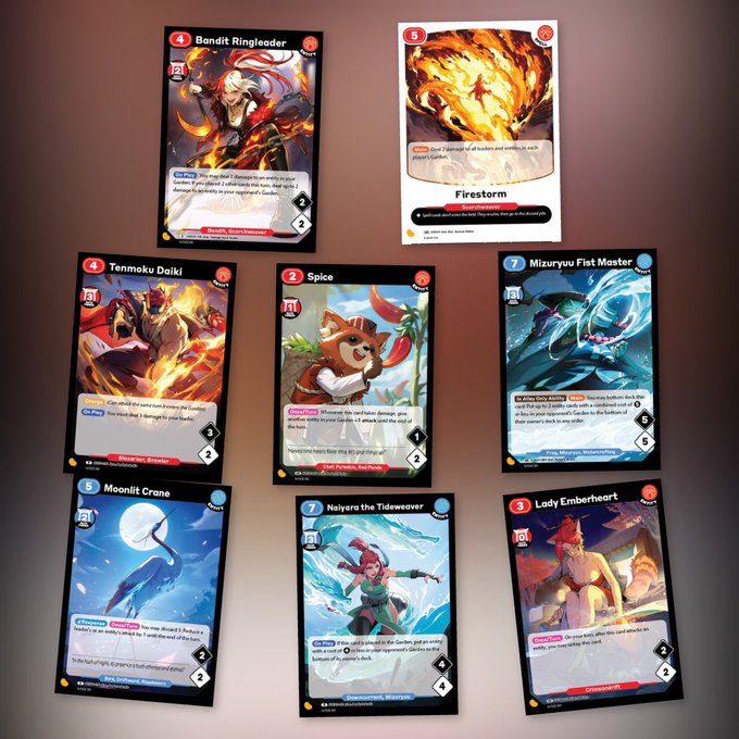 A collection of eight trading or playing cards laid out on a pink surface, featuring various fantasy characters and elements such as 'Bandit Ringleader', 'Firestorm', 'Spice', 'Mizuryu Fist Master', 'Moonlit Crane', 'Naiyara the Tideweaver', and 'Lady Emberheart'.