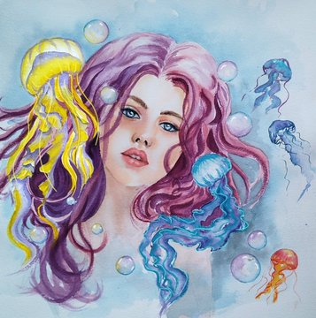 A watercolor painting of a woman with flowing purple hair surrounded by vibrant yellow, blue, and orange jellyfish and bubbles, likely representing the artist's creative work displayed on an Ethereum (ETH) NFT platform.