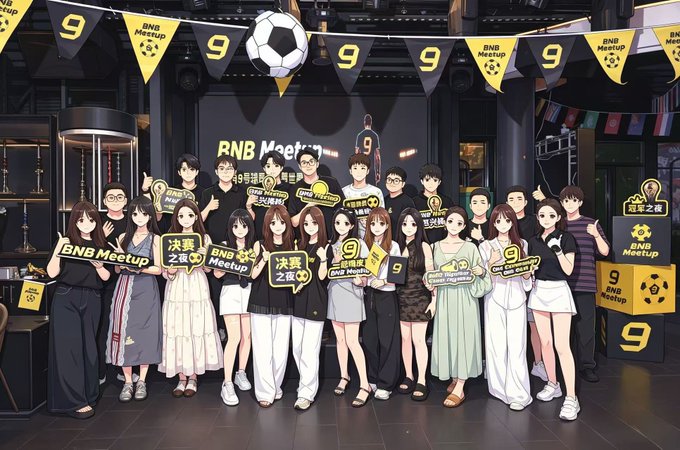 A lively group of people wearing matching "BNB Meetup" and "9" anniversary gear pose together holding "决赛之夜" (Finals Night) and "Player No. 9" signs at a BNB-themed gathering. The festive bunting, decorations, and team spirit reflect the celebratory mood of the post, which highlights a special 9th anniversary meetup combined with excitement over a recent golden dog token snipe on BSC.