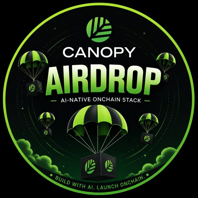 A circular digital graphic advertising a 'CANOPY AIRDROP' described as an 'AI-NATIVE ONCHAIN STACK,' featuring green and black parachutes delivering cargo boxes against a dark, tech-themed background.