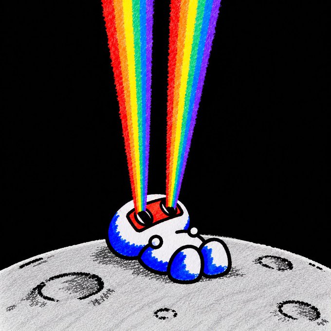 Illustration of a white and blue cartoon robot resting on a gray, cratered lunar surface, emitting rainbow-colored energy beams into a black sky.