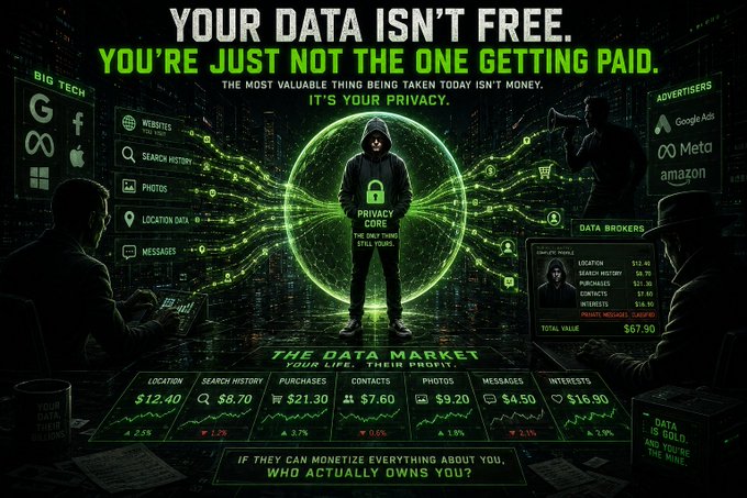 A digital graphic titled 'YOUR DATA ISN'T FREE. YOU'RE JUST NOT THE ONE GETTING PAID' depicting a hooded figure surrounded by data streams from Big Tech (Google, Facebook, Apple) and advertisers, showing privacy data being monetized for $67.90.