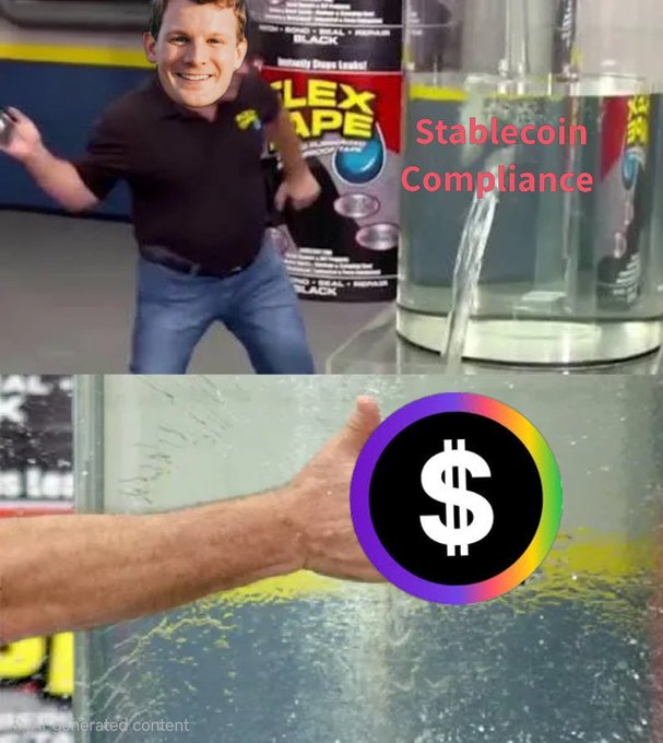 The image features a man with a face drawn on his shirt, holding up a dollar sign over water. The caption of the image reads "Stablecoin Compliance" and "LEX tape". The meme suggests that the man is trying to convey the idea that Stablecoins are compliant with regulations, while also poking fun at the concept of using tape to fix or secure something.