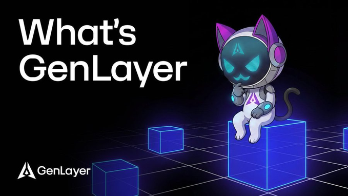The image shows a promotional graphic with the text "What's GenLayer" and the GenLayer logo, featuring a cartoon cat mascot with a glowing teal visor sitting atop blue neon-outlined cubes against a dark grid background. It visually introduces GenLayer, the platform referenced in the post as a potential solution for resolving subjective disputes in smart contract transactions—like the freelance logo payment dispute described, where work is completed but the client claims the result doesn't match the original vision.