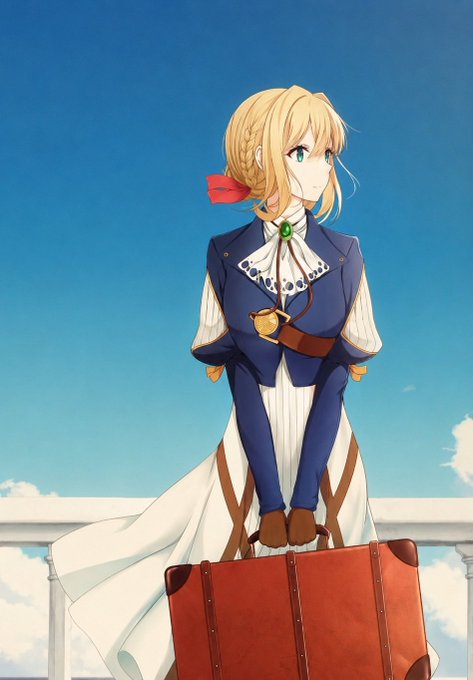The image features a woman with blonde hair wearing a blue dress, standing next to a red suitcase. She appears to be looking at something or someone off-camera while holding her luggage. The background of the image shows a clear blue sky, which contrasts nicely with the woman's outfit and adds depth to the scene.