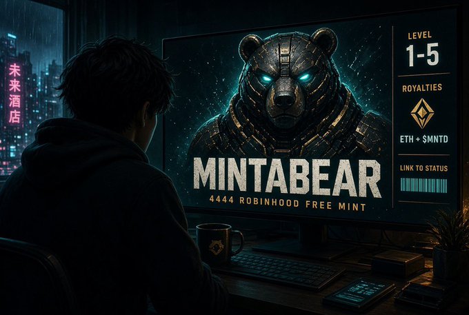 A person views a glowing screen displaying 'MINTABEAR' with 'LEVEL 1-5', 'ROYALTIES', 'ETH + $MNTD', and '4444 ROBINHOOD FREE MINT' in a neon-lit cyberpunk room.
