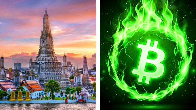 A split image pairs a photograph of a large temple complex along a river at sunset on the left with a glowing green Bitcoin logo surrounded by flames on the right.
