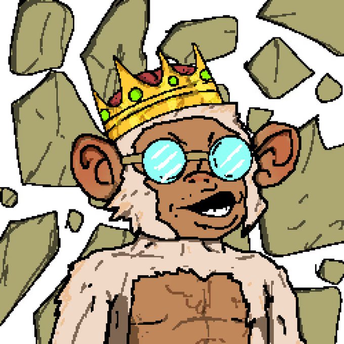 A cartoon monkey wearing a gold crown with jewels and round reflective blue sunglasses is shown against a background of cracked stone fragments. The image playfully illustrates the post's frustration with the NFT space, using the "king" monkey as a visual representation of the solo dev's struggle to gain visibility and find legitimate KOL support amid a market saturated with rugs, stolen art, and AI-generated work.