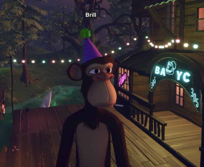 The image features a cartoon monkey wearing a party hat, standing next to a wooden building with lights strung up around it. The monkey appears to be posing for the camera or looking at something off-camera. In the background, there are trees that add to the festive atmosphere of the scene. The post includes text such as "Spent the weekend hunting @BoredApeYC and placing select offers. Landed two clean apes NewestParty Hat @OthersideMeta @mfigge".