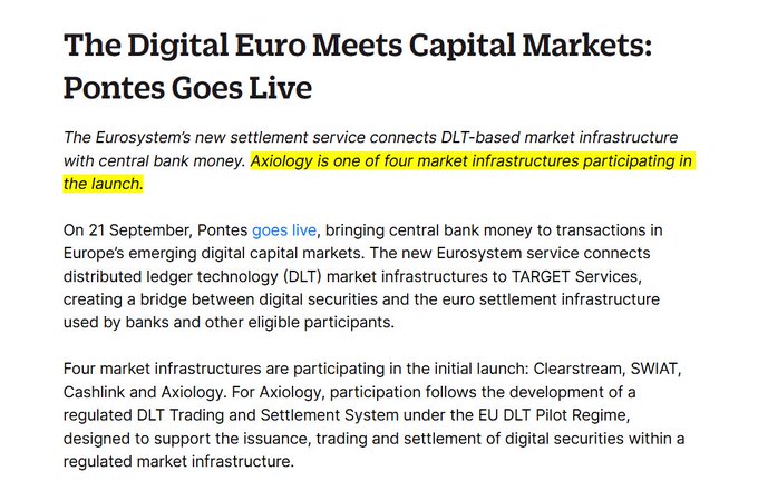An article titled "The Digital Euro Meets Capital Markets: Pontes Goes Live" discussing the Eurosystem's new settlement service, with a highlighted sentence noting that Axiology is one of four market infrastructures participating in the launch alongside Clearstream, SWIAT, and Cashlink.