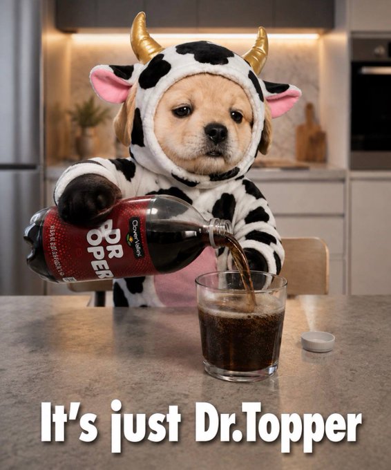 A dog wearing a cow costume with horns pours Dr Pepper soda into a glass on a kitchen counter, with the caption 'It's just Dr.Topper'.