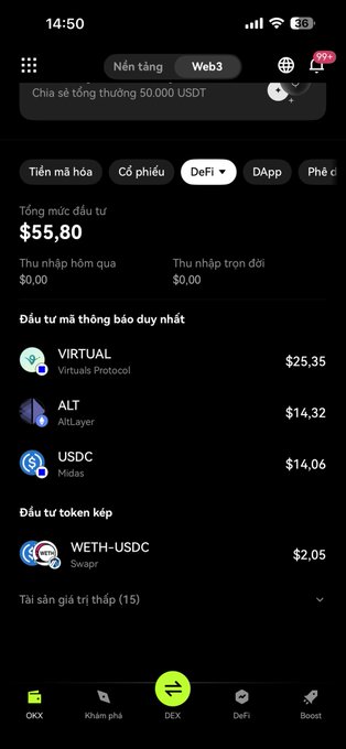 A mobile screenshot of a cryptocurrency wallet app in Vietnamese, showing a total investment of $55.80, with holdings including VIRTUAL ($25.35), ALT ($14.32), USDC ($14.06), and a WETH-USDC LP position ($2.05).