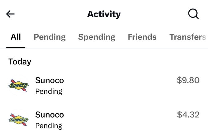 A screenshot of the "Activity" page on what appears to be the X Money app shows two pending transactions at Sunoco for $9.80 and $4.32, demonstrating the card's functionality for everyday purchases. The image supports the claim by showcasing real-time transaction tracking with the Sunoco purchases listed under "Today."