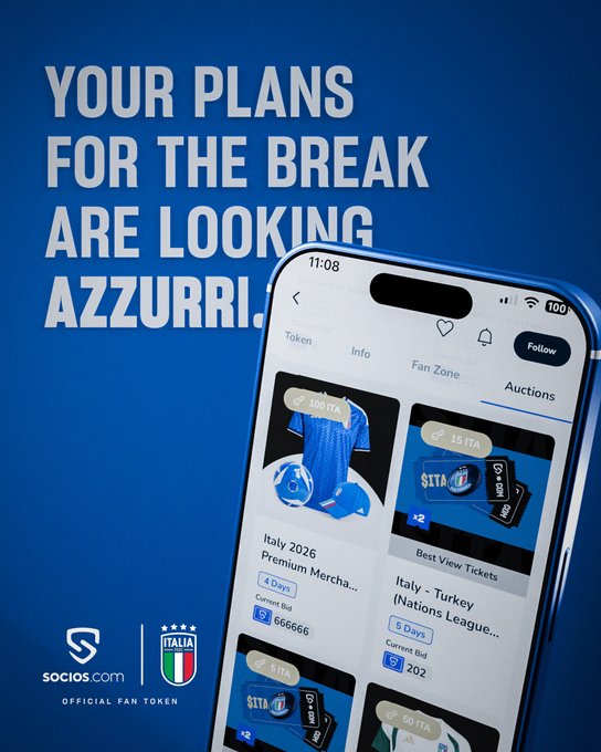 A blue promotional graphic reads "YOUR PLANS FOR THE BREAK ARE LOOKING AZZURRI" alongside a smartphone displaying the Socios.com app, which features Italy-related fan token auctions including "Italy 2026 Premium Mercha..." with a current bid of 666666 and "Italy - Turkey (Nations League)" with 202 bids. The image illustrates the post's message by showcasing the exclusive VIP tickets and rewards available through Italy's official fan token auctions on the platform.