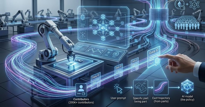 Futuristic illustration depicting AI and robotics, showing a robotic arm, holographic data interfaces, and a workflow labeled 'Contributors (200K+ contributors)' to 'AI model (the policy)' with 200K+ contributors.