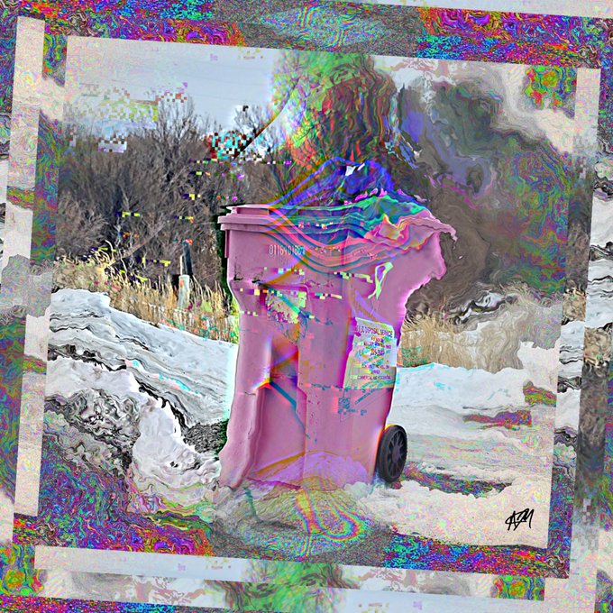 Glitch-art stylized photograph of a pink wheeled trash bin overflowing with debris in a barren landscape, with a heavily distorted figure standing behind it and psychedelic color distortions throughout.