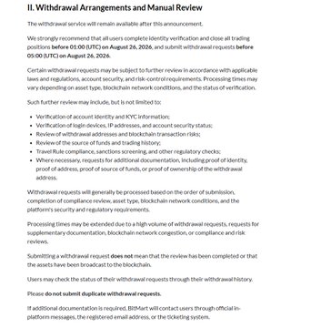 The image shows a section of BitMart's withdrawal terms titled "II. Withdrawal Arrangements and Manual Review," outlining that all withdrawals undergo manual review before 09:00 UTC on August 26, 2026, with processing times depending on blockchain conditions. It states the service will remain available, but users must verify identity, ensure high-risk addresses match KYC info, and provide proof of source of funds and ownership of withdrawal addresses—aligning with the post's claim that BitMart has tightened withdrawal conditions and frozen normal withdrawals.