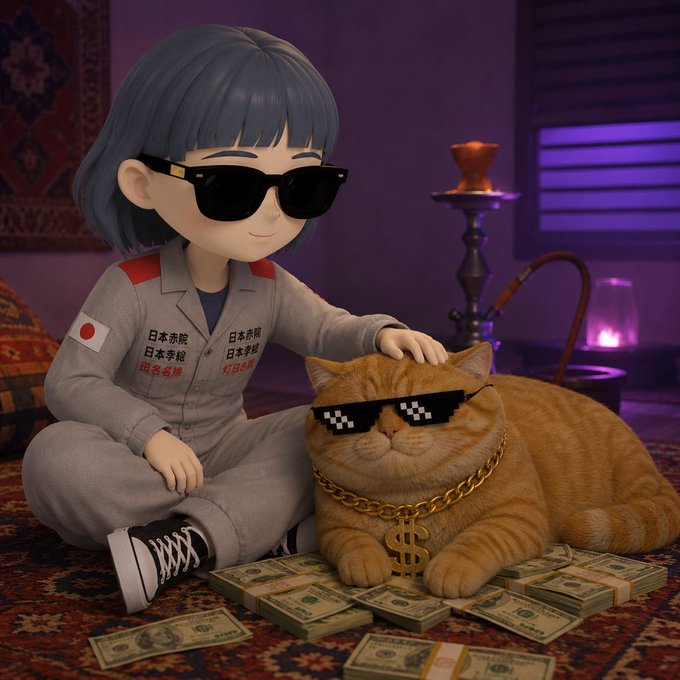 A 3D-rendered stylized figure with blue hair, sunglasses, and a Japanese-flag jumpsuit petting an orange cat wearing pixelated sunglasses and a gold dollar-sign chain, surrounded by stacks of cash.