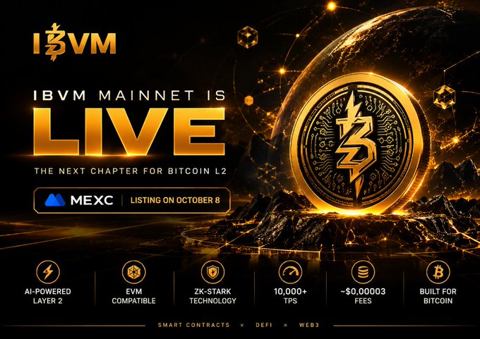 A promotional graphic announcing that the IBVM Mainnet is live, featuring a large golden coin with the "BVM" logo and the headline "IBVM MAINNET IS LIVE - THE NEXT CHAPTER FOR BITCOIN L2," along with details that it will be listing on MEXC on October 8. The image visually reinforces the post's message about IBVM enhancing Bitcoin's infrastructure with EVM compatibility, ZK-STARK technology, and Layer 2 capabilities for smart contracts and decentralized apps, highlighting key specs like AI-powered Layer 2, 10,000+ TPS, and ~$0.00003 fees.