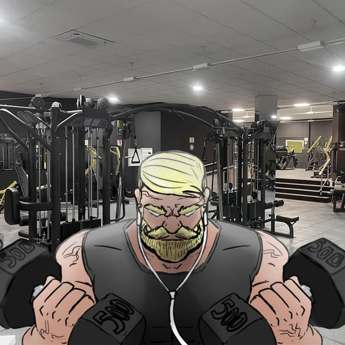 A cartoon-style muscular blonde man with a beard lifts heavy 500-lb dumbbells in a gym setting, visually representing the "$CHAD" meme coin character as a symbol of strength and masculinity to align with the post's promotion of $CHAD as a promising new crypto runner.