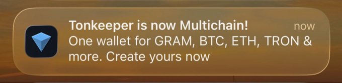 A promotional notification announces that Tonkeeper is now Multichain, offering a single wallet for GRAM, BTC, ETH, TRON and more. The image illustrates the post's message about Tonkeeper's upgraded multi-chain functionality combined with Lockin for all-in-one holding and trading within Telegram.