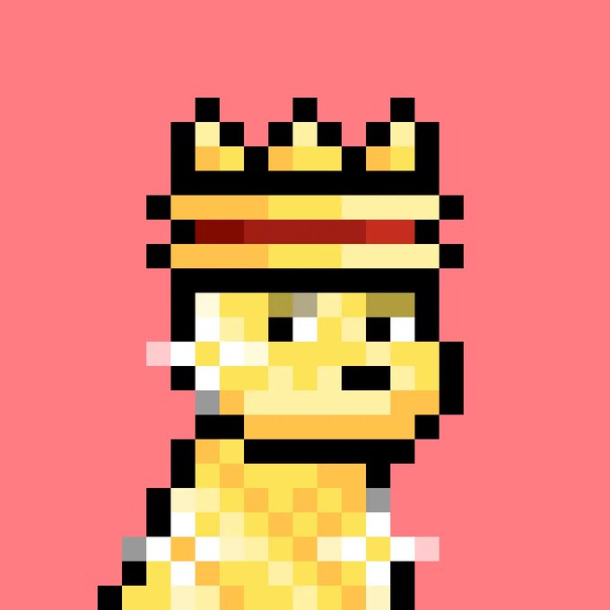 Pixel art portrait of a yellow character wearing a red-banded golden crown against a pink background.