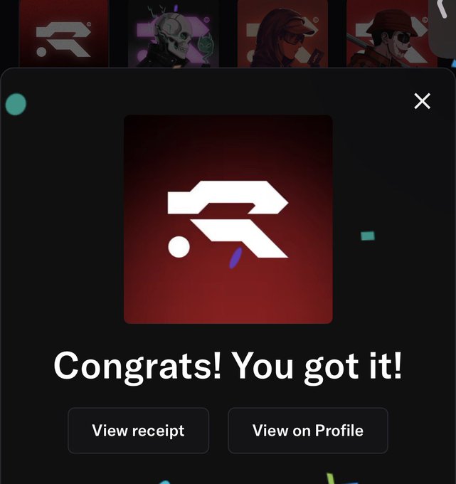 A dark-themed digital interface displays a congratulations popup reading "Congrats! You got it!" featuring a white stylized "R" logo on a dark red background, with buttons to "View receipt" and "View on Profile." The popup celebrates a successful mint from Project R3D, as referenced in the accompanying post about minting an NFT from @TheProjectR3D.