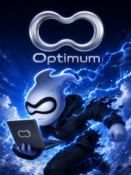 A dynamic digital illustration of a white mascot character with a black mask and hoodie holding a laptop, set against a blue lightning background with the silver 'Optimum' logo above.