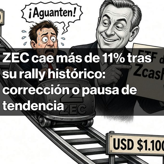 A Spanish-language crypto meme/cartoon showing two men on a roller coaster track marked 'USD $1.100', with the caption 'ZEC cae más de 11% tras su rally histórico: corrección o pausa de tendencia', and one man saying '¡Aguanten!' while holding an ETF de Zcash sign.