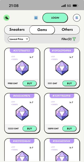 The image shows a phone screen displaying a list of items for sale, including various gemstones such as diamonds and emeralds. The screen also has a buy button located at the bottom right corner. The text "stepn" can be seen in the image, which might be related to the selling process or the item's name.