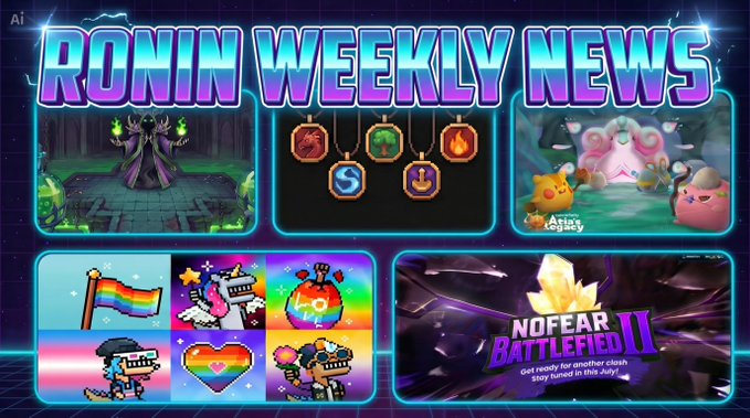 'RONIN WEEKLY NEWS' banner featuring various game thumbnails, including a dark fantasy character, gem icons, 'Axe's Legacy,' pixel art avatars, and a 'NO FEAR BATTLEFIELD II' section.