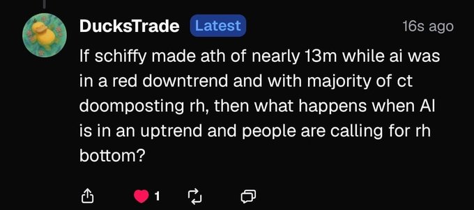 A social media comment by user 'DucksTrade' posted 16s ago stating: 'If schiffy made ath of nearly 13m while ai was in a red downtrend and with majority of ct doomposting rh, then what happens when AI is in an uptrend and people are calling for rh bottom?'