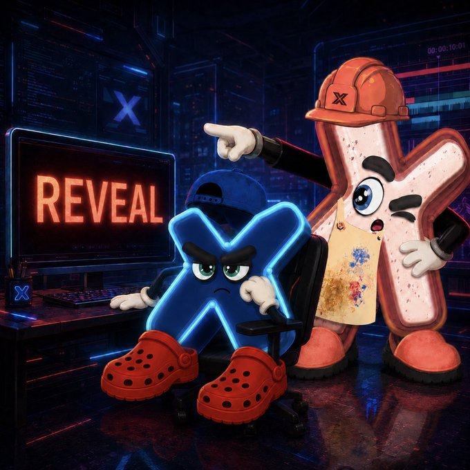 A 3D-rendered scene featuring two cartoonish letter characters: a blue 'X' wearing a cap and red Crocs, and a paint-splattered orange 'K' wearing a hard hat, with a computer monitor displaying the word 'REVEAL'.