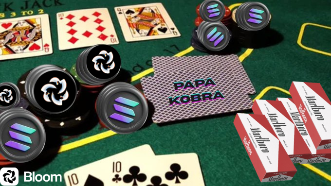 A promotional image for the 'Bloom' app featuring 'PAPA KOBRA' poker chips and a Marlboro cigarette pack arranged on a green casino table with playing cards.